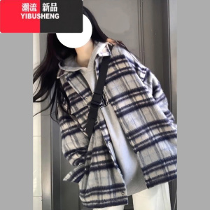 YIBUSHENG格纹夹克毛呢外套女2023新款美式复古风街头棒球服高级感上衣