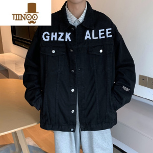 YANXU黑色牛仔外套男潮牌春美式复古hiphop加厚夹克宽松牛仔衣服