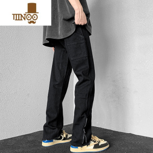 YANXU黑色牛仔裤男款夏季薄款美式vibe高街潮牌修身直筒工装拉链长裤子