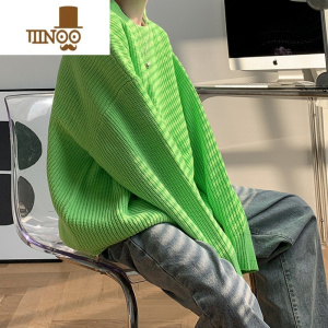 YANXU日系慵懒复古绿色毛衣外套男款秋季穿搭感纯色圆领长袖针织衫
