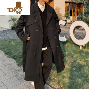 YANXU韩版黑色排扣设计风衣男款英伦风长款外套休闲潮牌宽松大衣