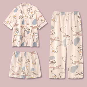 SHANCHAO『想自由鸭』日系情侣睡衣女夏款三件套装夏季短袖男士家居服