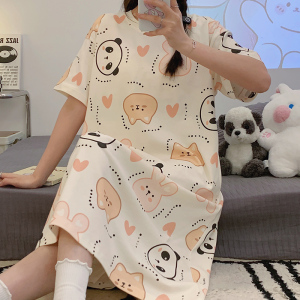 SHANCHAO睡衣女士夏季棉质短袖睡裙带胸垫防凸点韩版可爱卡通连衣裙家居服