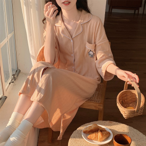 SHANCHAO夏季天纯色开衫短袖大码睡裙可爱熊猫睡衣女士高级感休闲风家居服