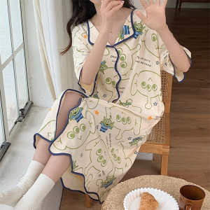 SHANCHAO睡裙女夏天开衫短袖中裙2023年新款夏季薄款可爱草莓熊睡衣网红风