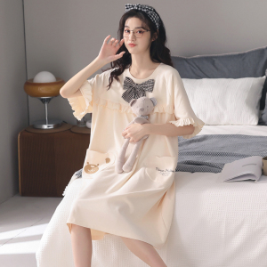 SHANCHAO2023年新款睡衣女夏季短袖睡裙韩版可爱中长款宽松学生家居服
