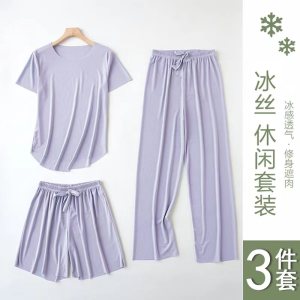 SHANCHAO新款睡衣女三件套高级夏季冰丝短袖套装女家居服宽松夏天长裤