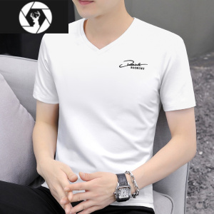 HongZun短袖t恤男2023新款夏季冰丝V领上衣半袖打底衫休闲白色体恤潮
