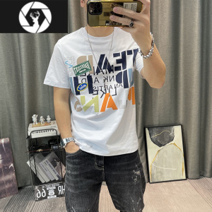 HongZun欧洲站t恤男夏季2022新款潮流卡通字母印花T恤衫修身半袖上衣