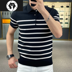 HongZun男士伊力特冰丝短袖POLO衫针织t恤2023新款夏季个性条纹翻领潮流