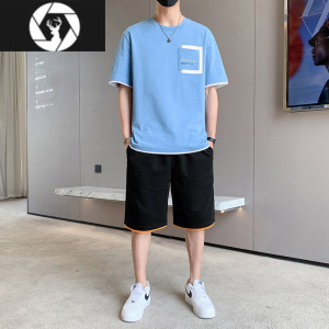 HongZun夏季短袖T恤男2023新款速干冰丝衣服时尚休闲运动套装体恤一套潮