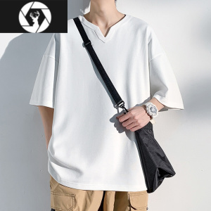 HongZun小v领短袖t恤男士大码夏季纯色打底衫宽松半截袖衣服