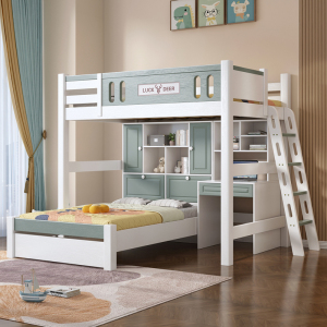 实木高架床带衣柜上床下书桌一体组合床双人儿童床书柜大床高低铺