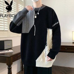 PLAYBOY撞色毛衣男冬季新款2024潮牌青少年圆领针织衫情侣打底衫