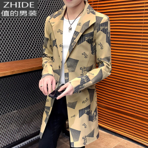 SUNTEK中长款潮流韩版修身风衣男士青年时尚休闲印花外套发型师个性衣服风衣