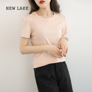 NEW LAKE21新款纯棉短袖t恤女夏季女装宽松白色圆领纯色打底上衣潮