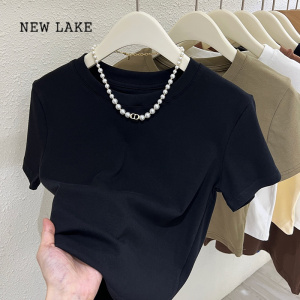 NEW LAKE夏季新款短款上衣女辣妹设计感圆领短袖修身百搭性感打底T恤纯色