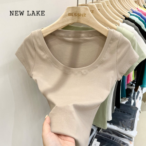 NEW LAKE美式灰色正肩u领纯棉短袖t恤女夏季设计感小众小个子修身短款上衣