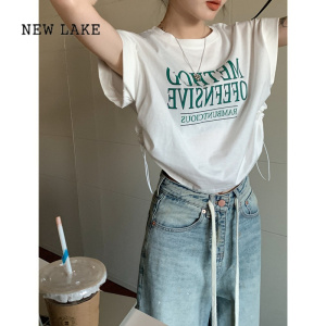 NEW LAKE美式辣妹正肩短袖T恤女夏季2024新款抽绳设计感宽松显瘦短款上衣