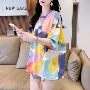 NEW LAKE设计感小众纯棉短袖t恤女夏季韩版宽松大码中长款扎染渐变色上衣