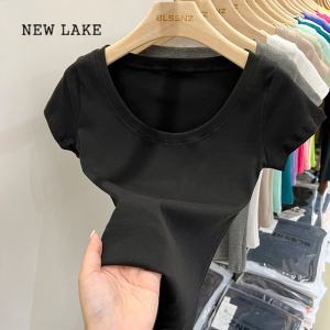 NEW LAKE纯棉短袖t恤女夏季2024新款甜辣锁骨修身短款上衣体恤女潮打底衫