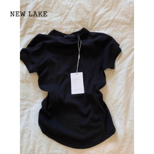 NEW LAKE高级感黑色正肩短袖t恤女夏季下摆弧形设计感显瘦休闲百搭上衣潮