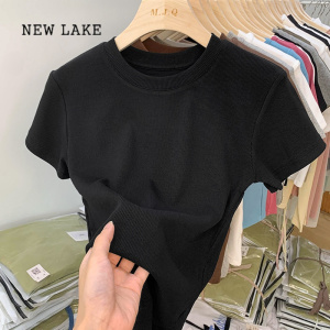 NEW LAKE欧货纯色面膜正肩t恤女短袖夏季2024年新款修身针织打底圆领上衣