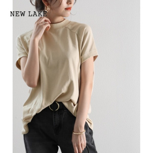 NEW LAKE夏季新款纯棉T恤女单穿打底上衣日韩系宽松大码立纯色立领短袖女