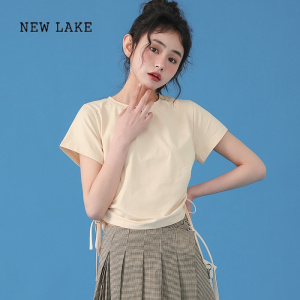 NEW LAKE短袖t恤女正肩抽绳甜美辣妹设计感小众减龄漂亮修身白色短款上衣