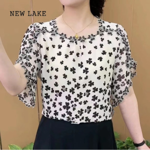 NEW LAKE2024夏季新款时尚宽松显瘦小衫印花雪纺衫女士刺绣花边领短袖上衣