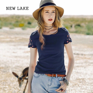 NEW LAKE2024年新款民族风夏季文艺绣花刺绣短袖修身常规圆领创意T恤女