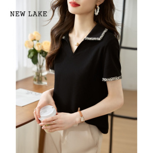 NEW LAKE夏季女式新款气质小香风POLO领短袖t恤时尚显瘦体恤衫上衣