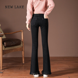 NEW LAKE黑色微喇牛仔裤女夏季薄款高腰百搭弹力小个子新款显瘦弹力九分裤