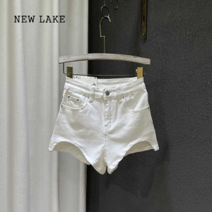NEW LAKE浅色牛仔短裤女夏季新款设计感修身纯色水洗高腰a字网红短热裤