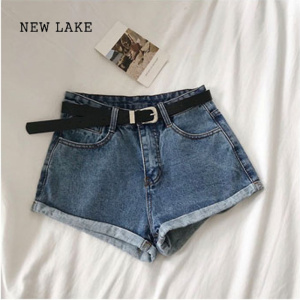 NEW LAKE2024夏季新款卷边宽松显瘦阔腿热裤小个子简约百搭高腰牛仔短裤女