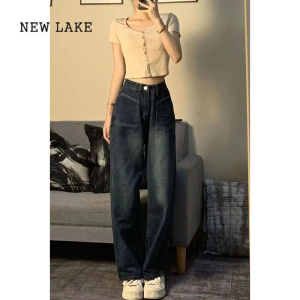 NEW LAKE复古蓝阔腿牛仔裤女春季小众设计ins潮高腰显瘦直筒垂感拖地长裤