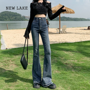 NEW LAKE黑色微喇牛仔裤女春秋直筒2024年新款高腰弹力修身喇叭毛边马蹄裤