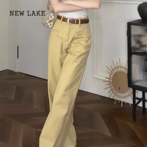 NEW LAKE日系高腰休闲宽裤女2024新款黄色ins时尚百搭显瘦直筒长裤