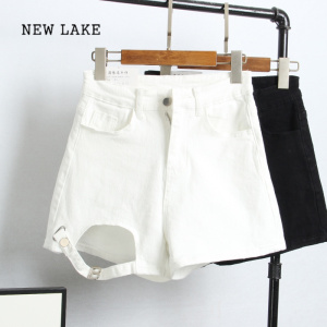 NEW LAKE设计感镂空牛仔裤女装夏季薄款热裤黑色a字短裤高腰显瘦裤子ins潮