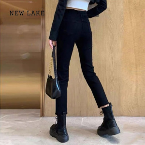 NEW LAKE黑色烟管直筒牛仔裤女春秋2024年春款新款小个子夏季薄款法棍裤子