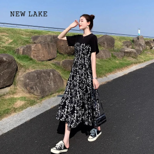 NEW LAKE2024年夏季新款赫本风小黑裙中长款拼接碎花裙高腰显瘦长裙连衣裙