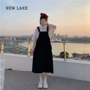 NEW LAKE韩版学院风连衣裙女2024夏季新款设计感显瘦气质衬衫背带裙两件套