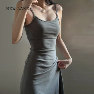 NEW LAKE法式灰色包臀吊带连衣裙子女装夏季2024新款修身显瘦气质背心长裙