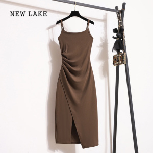 NEW LAKE大码女装裙子胖mm遮肚子显瘦气质法式设计感不规则吊带连衣裙夏季