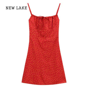 NEW LAKE辣妹系带红色波点吊带连衣裙女夏季2024新款收腰显瘦复古度假短裙