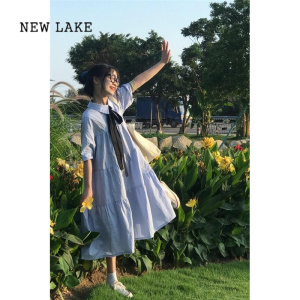 NEW LAKE小个子初中生连衣裙奶蓝色夏季新款学生胖mm显瘦长裙少女可盐可甜
