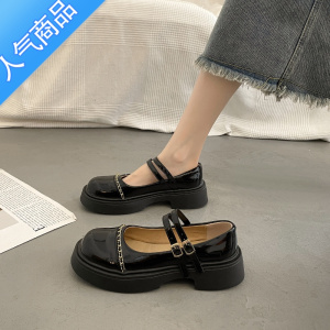 SUNTEK黑色小皮鞋女夏季小香风法式浅口单鞋2023新款玛丽珍鞋厚底乐福鞋