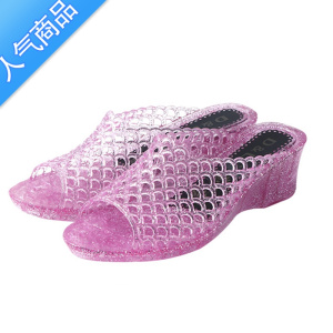 SUNTEK新水晶坡跟拖鞋女夏塑料透明凉拖鞋妈妈高跟防滑小码室内女鞋