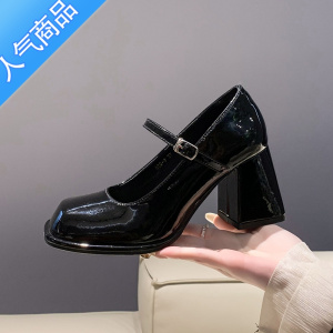 SUNTEK高跟玛丽珍鞋女2023年新款一字扣复古黑色小皮鞋方头漆皮时尚单鞋