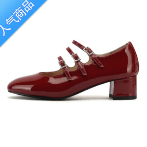 SUNTEKcarel玛丽珍鞋女法式复古小红鞋粗跟婚鞋浅口高跟鞋中跟漆皮单鞋